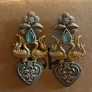 Elegant Gold and Silver Earrings with Aqua Stone and Birds